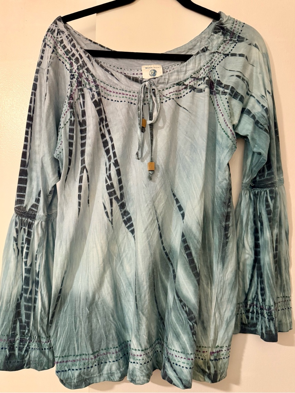 Blue Sky Organic Cotton Boho Tie-Dye Embroidered Bell Sleeve Top